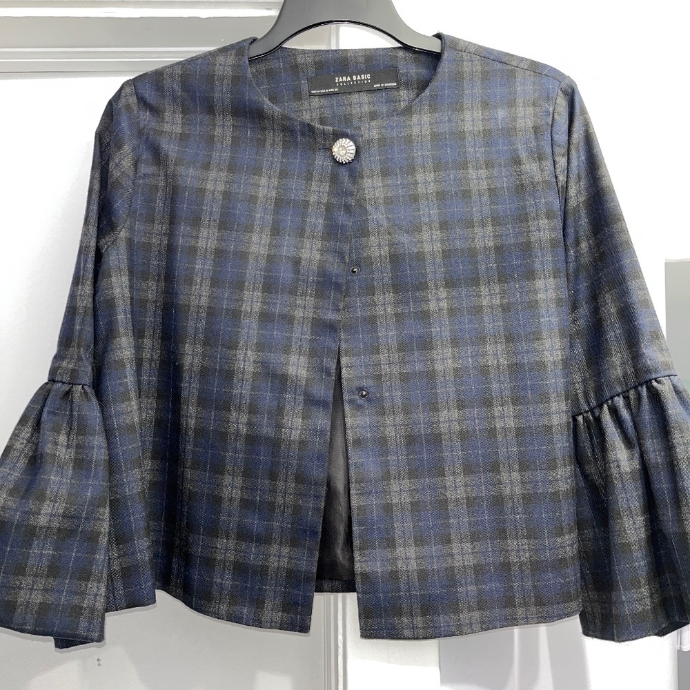 Zara "Black Watch'" (M) jacket with ruffle sleeves and rhinestone button